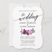Invitation Calligraphie Script violet violet Mariage floral (Devant)