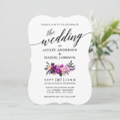 Invitation Calligraphie Script violet violet Mariage floral (Debout devant)