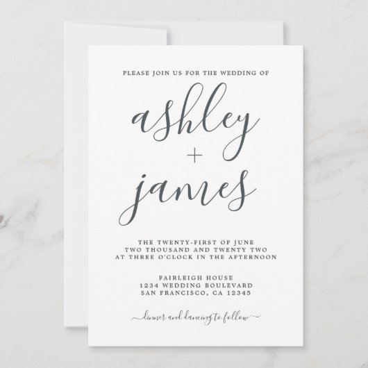Invitation Calligraphie simple Chic Mariage noir blanc (Devant)