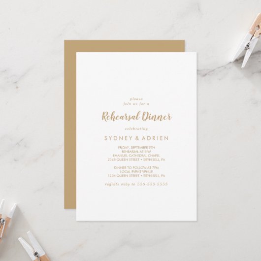 Invitation Calligraphie simple | Dîner de répétition Gold Bac (Devant/Arrière en situation)
