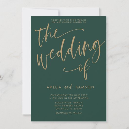 Invitation Calligraphie simple Emerald Green & Gold Mariage (Devant)