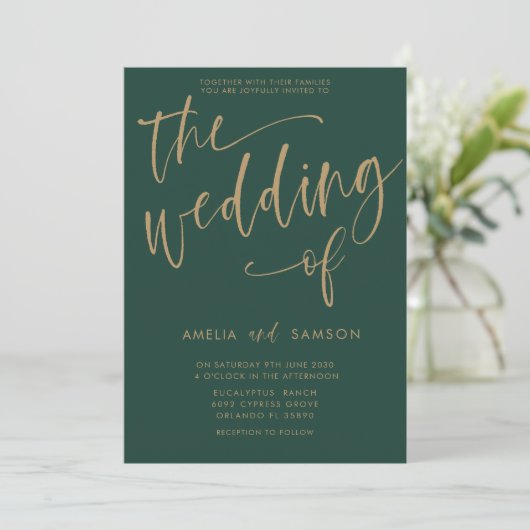 Invitation Calligraphie simple Emerald Green & Gold Mariage (Debout devant)