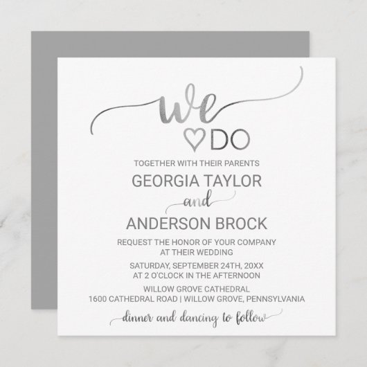 Invitation Calligraphie simple en argent "We Do" Mariage Carr (Devant / Derrière)