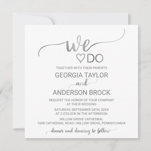 Invitation Calligraphie simple en argent "We Do" Mariage Carr (Devant)