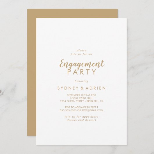 Invitation Calligraphie simple | Gold Back Engagement Party (Devant / Derrière)