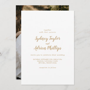 Invitation Calligraphie simple Gold Photo Décontracté Mariage