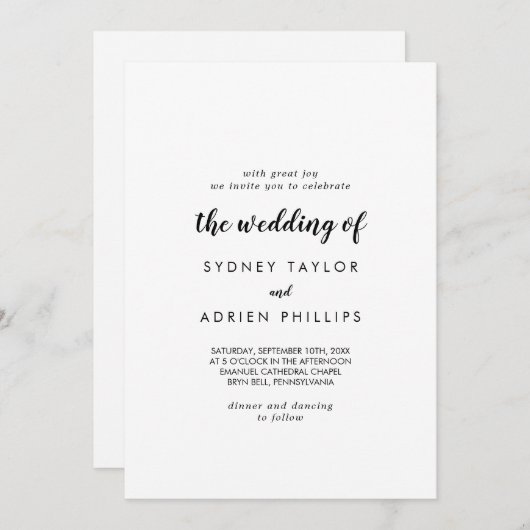 Invitation Calligraphie Simple Le Mariage De (Devant / Derrière)