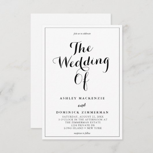 Invitation Calligraphie simple Mariage frontière noir et blan (Devant / Derrière)