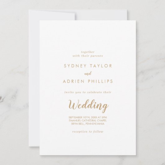 Invitation Calligraphie simple|Mariage informel or (Devant)