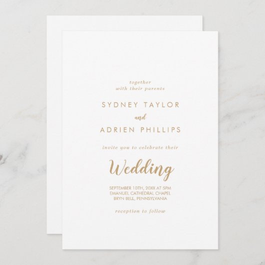 Invitation Calligraphie simple|Mariage informel or (Devant / Derrière)