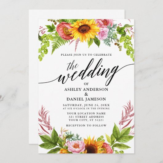 Invitation Calligraphie Sunflower Boho Floral Mariage (Devant / Derrière)