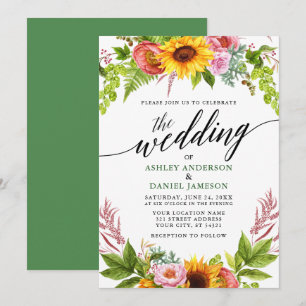 Invitation Calligraphie Sunflower Boho Floral Mariage Vert