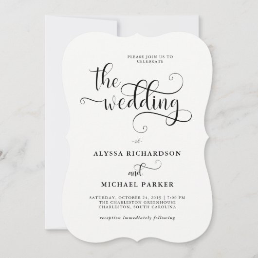 Invitation Calligraphie Tourbillonnant moderne Mariage noir e (Devant)