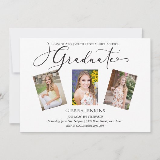 Invitation Calligraphie Trois Photo White Graduation Party (Devant)