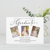 Invitation Calligraphie Trois Photo White Graduation Party (Debout devant)