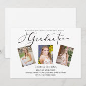 Invitation Calligraphie Trois Photo White Graduation Party (Devant / Derrière)