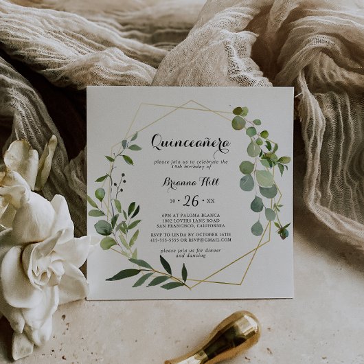 Invitation Calligraphie Tropicale Géométrique Or Quinceañera