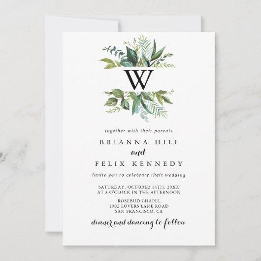 Invitation Calligraphie tropicale Mariage Monogramme (Devant)