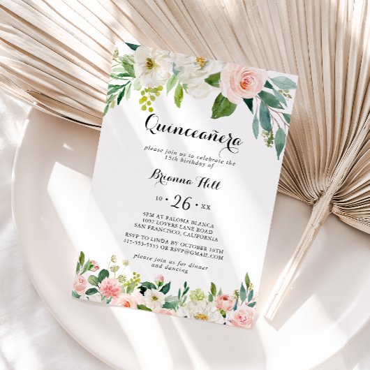 Invitation Calligraphie verte florale simple Quinceañera