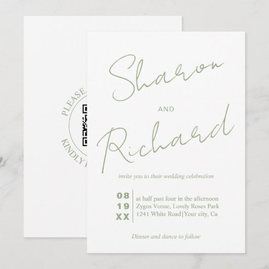 Invitation Calligraphie verte moderne mariage de code QR (Devant / Derrière)