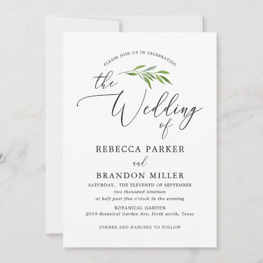 Invitation Calligraphie verte simple Mariage rustique (Devant)