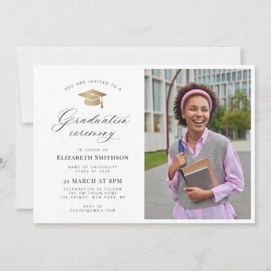 Invitation Calligraphy gold cap photo graduation ceremony (Devant)