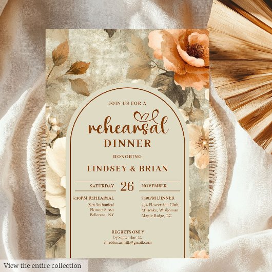 Invitation Calligraphy Rust Beige Floral Wedding Rehearsal 