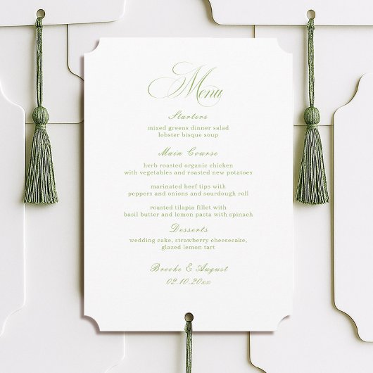 Invitation Calligraphy White and Sage Green Wedding Menu Card