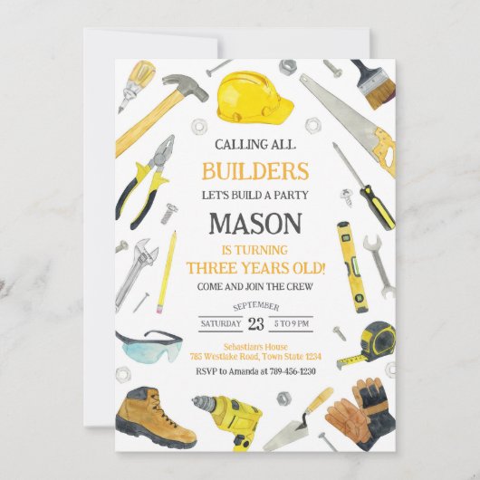Invitation Calling All Builders Construction Tools Birthday  (Devant)