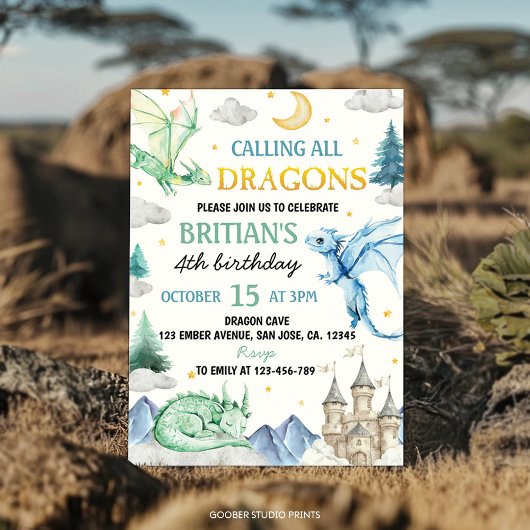Invitation Calling All Dragon Cute Boy Birthday Watercolor