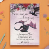 Invitation Calling All Dragons Girl's Birthday Purple flower 