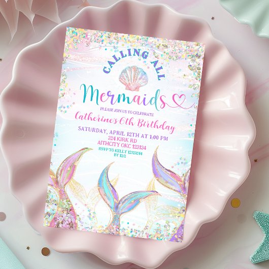 Invitation Calling All Mermaids Girl Birthday Invitation.