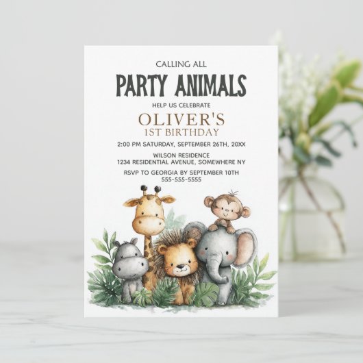 Invitation Calling All Party Animals 1st Birthday Party (Debout devant)
