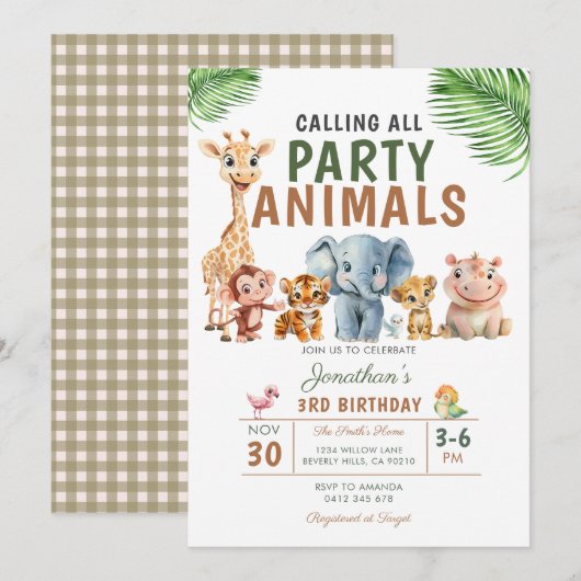 Invitation Calling All Party Animals Birthday Safari Party (Devant / Derrière)