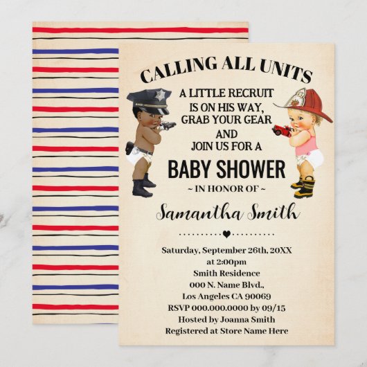 Invitation Calling All Units Police Firefighter Baby Shower (Devant / Derrière)