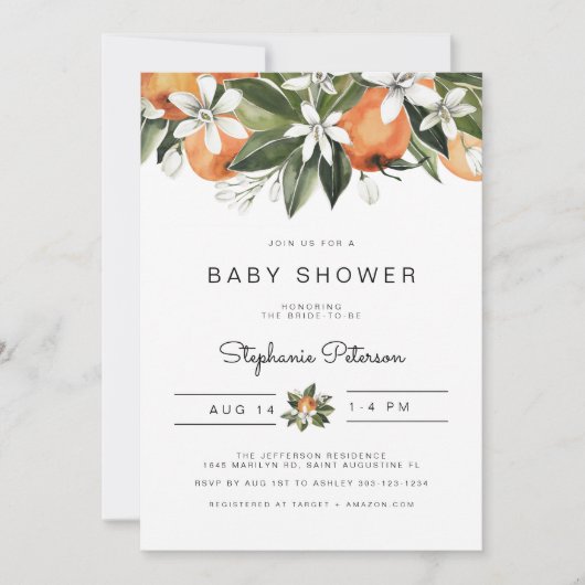 Invitation CALLIOPE Citrus Orange Little Cutie Baby shower (Devant)