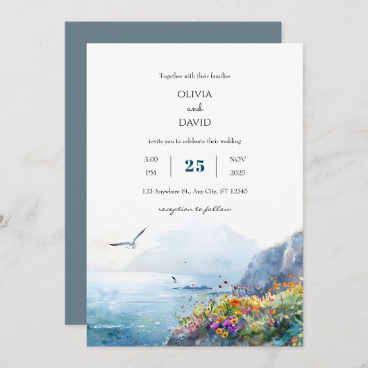 Invitation Calme Cliffside Ocean View Bloom Art Beach Mariage (Devant / Derrière)