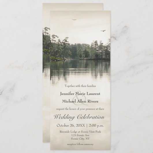 Invitation calme rustique lac reflet mariage mince (Devant / Derrière)