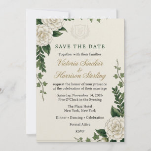 Invitation Camélia blanc, lierre et blason de monogramme à l'