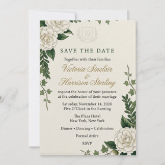 Invitation Camélia blanc, lierre et blason de monogramme à l'