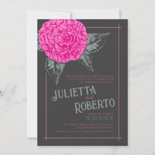Invitation Camélia encrée mariage rose gris brun (Devant)
