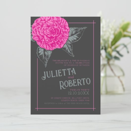 Invitation Camélia encrée mariage rose gris brun (Debout devant)