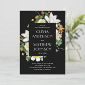 Invitation Camélia vintage. Mariage noir fleuri (Debout devant)