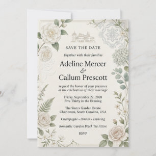 Invitation Camélias blancs, roses, hortensias, eucalyptus, fo
