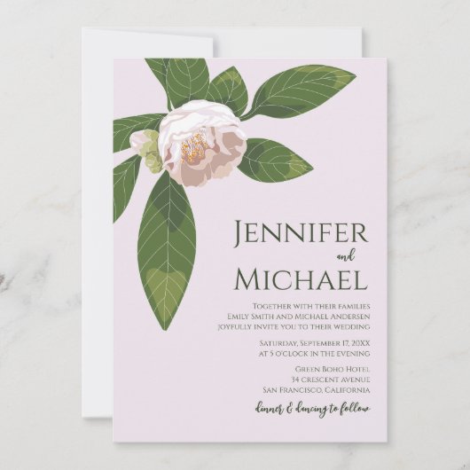Invitation Camellia et verdure Mariage simple et élégant (Devant)