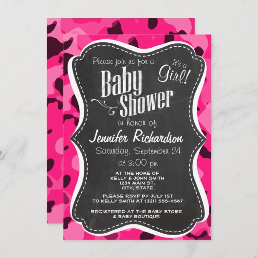 Invitation Caméra rose profond ; aspect tableau noir (Devant / Derrière)