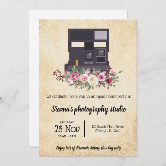 Invitation Caméra vintage (Devant / Derrière)