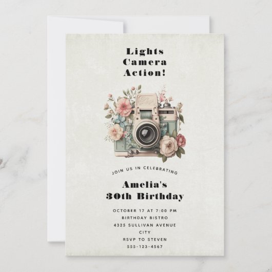Invitation  Camera with Flowers Retro Pastel Image Birthday (Devant)