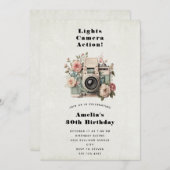 Invitation  Camera with Flowers Retro Pastel Image Birthday (Devant / Derrière)