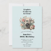 Invitation Camera with Flowers Retro Pastel Image Birthday (Devant)